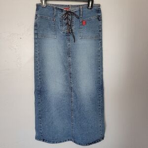 Bongo Juniors 5 Denim Maxi Skirt Brown Leather Lace Up Back Slit 90s Y2K Jean